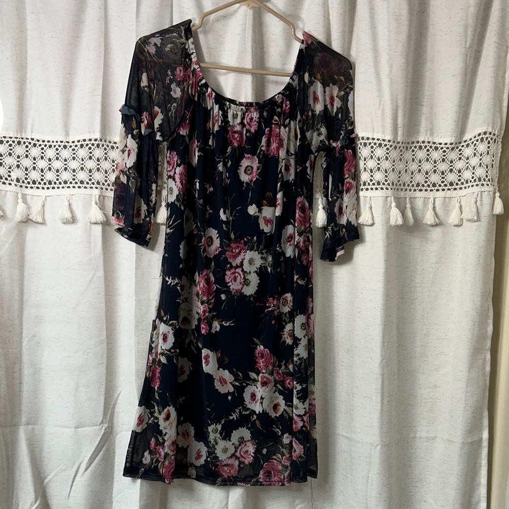 Potter's Pot Navy Floral Off-the-Shoulder Mini Dress with Pink Blooms - Picture 1 of 5